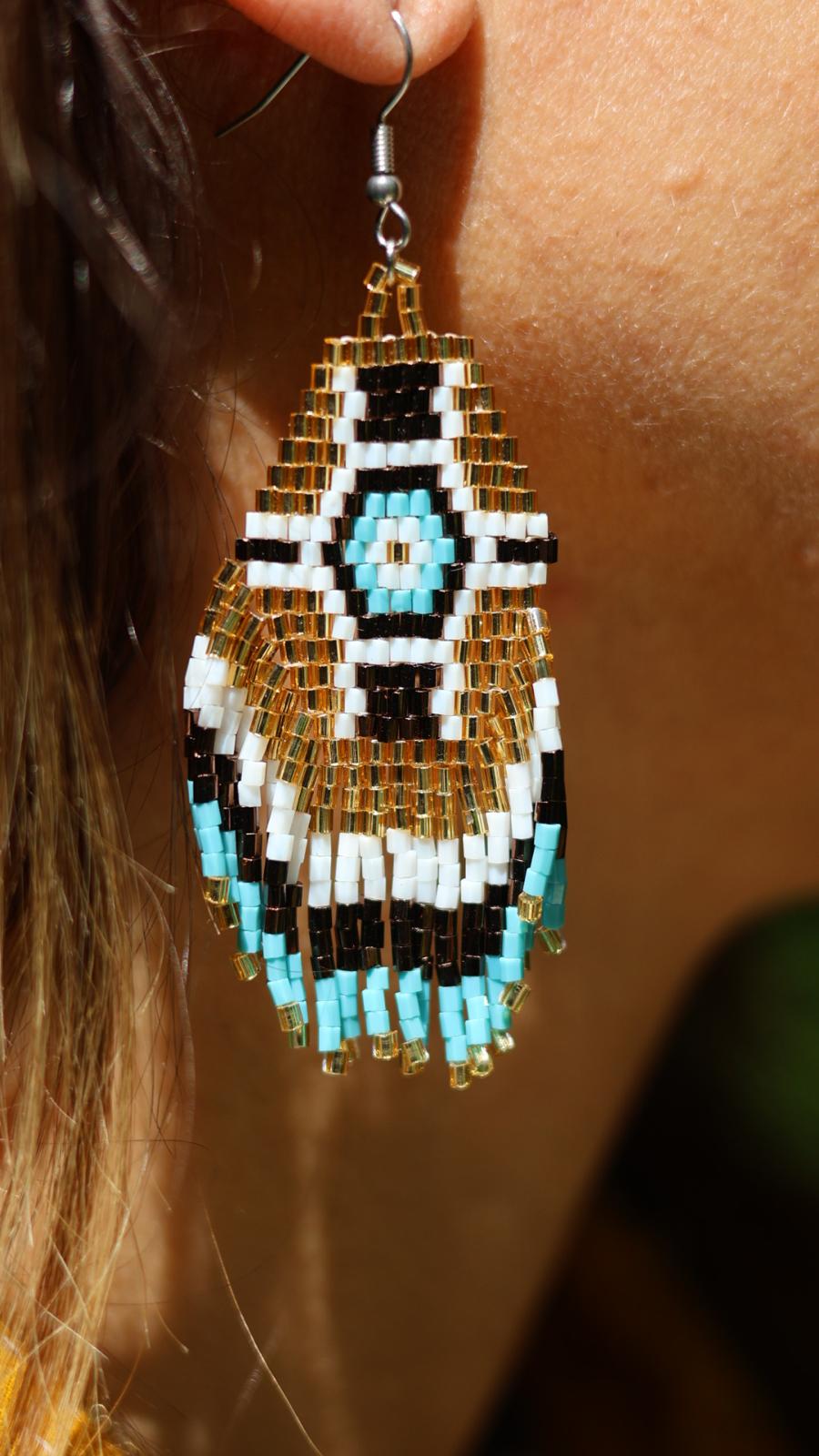 Boucles d'oreilles indiennes ANAYA style amérindien bleu or blanc