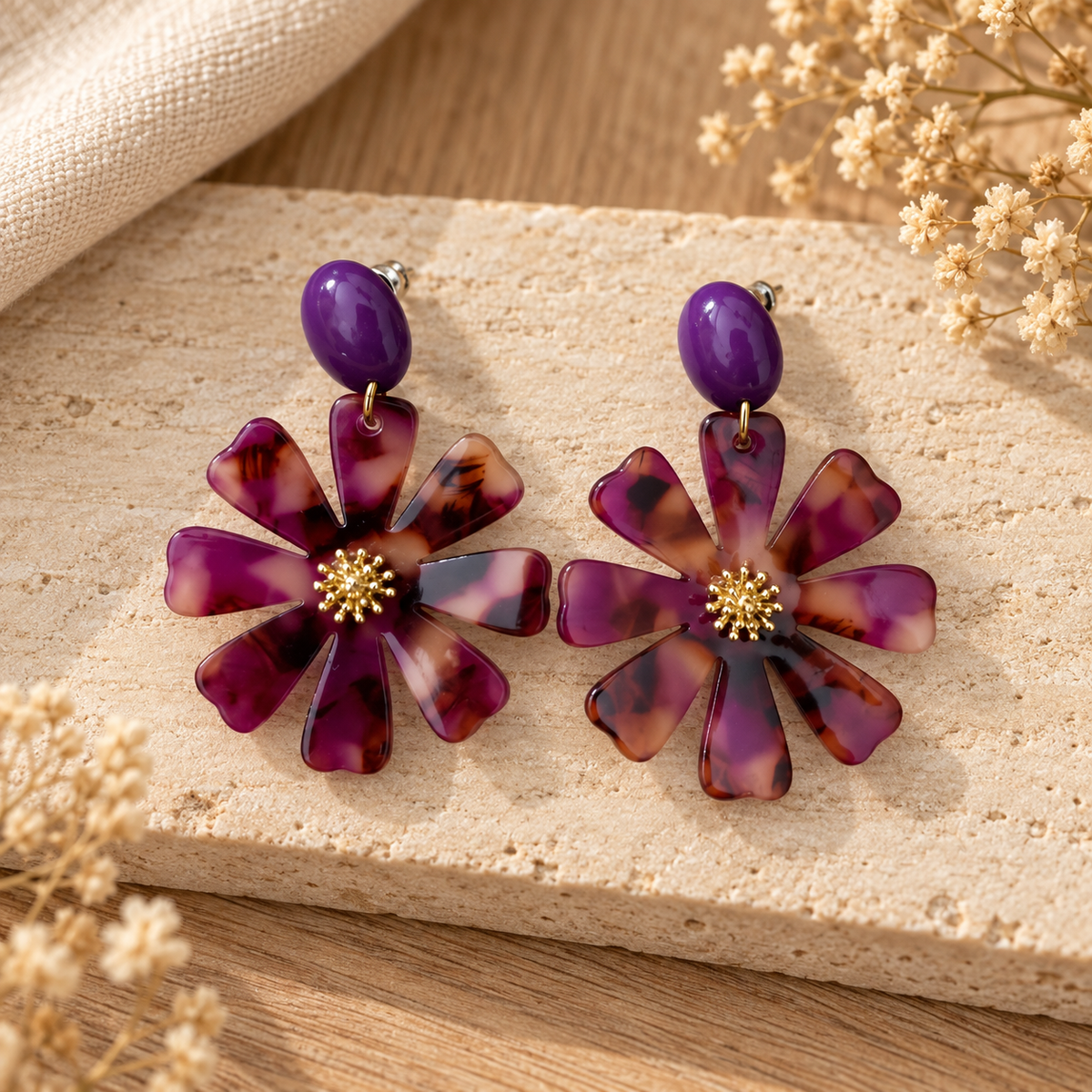 Dalhia – Boucles d’oreilles fleurs en acétate - 3 coloris violets