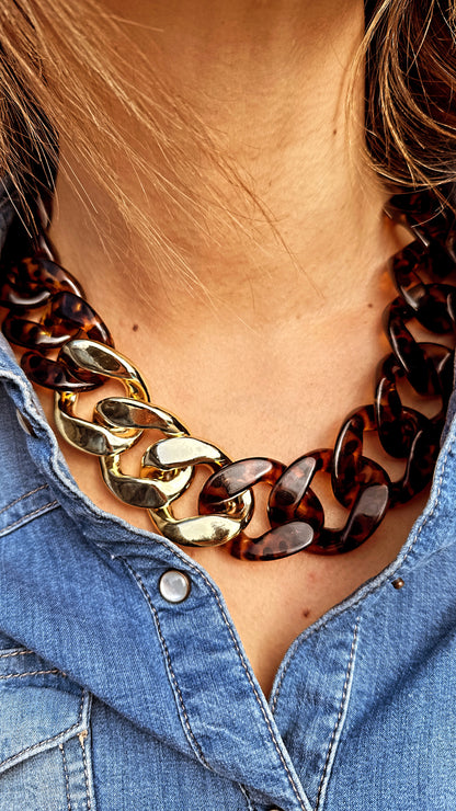 Collier Maillon XL  panthère et doré