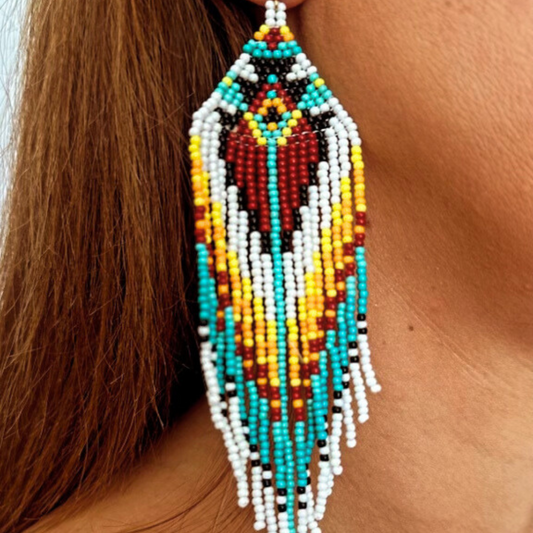 Boucles d'oreilles Indiennes AMARA vert d'eau, blanc et jaunes