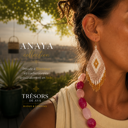 Boucles d'oreilles indiennes ANAYA Rose pale, blanc et doré