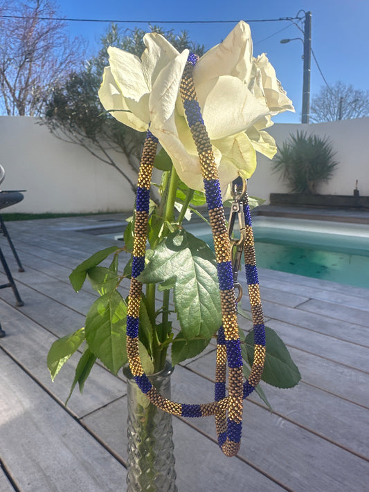 Cordon de Téléphone Portable Népalais en Perles de Verre  #A34 bleu marine doré taupe