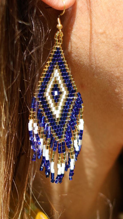 Boucles d'oreilles indiennes ANAYA bleu dure, blanc et doré