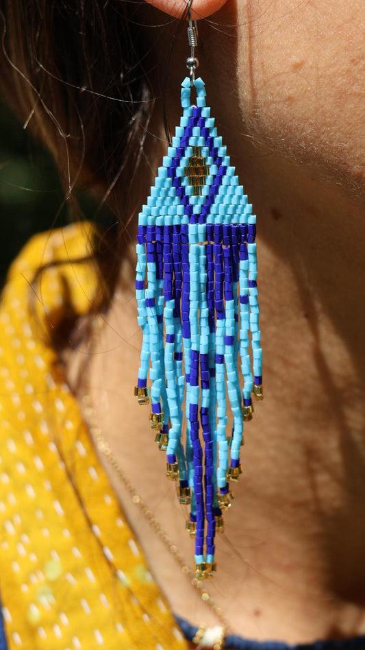 Boucles d'oreilles indiennes ANAYA style amérindien bleu marine, bleu ciel et doré