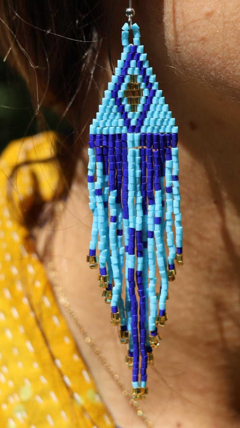 Boucles d'oreilles indiennes ANAYA style amérindien bleu marine, bleu ciel et doré