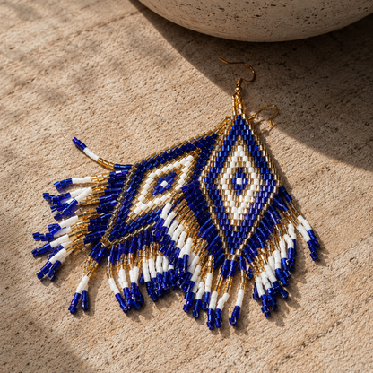 Boucles d'oreilles indiennes ANAYA bleu dure, blanc et doré