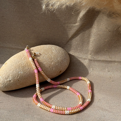 Cordon à lunettes – tissage artisanal du Népal Rose Blanc