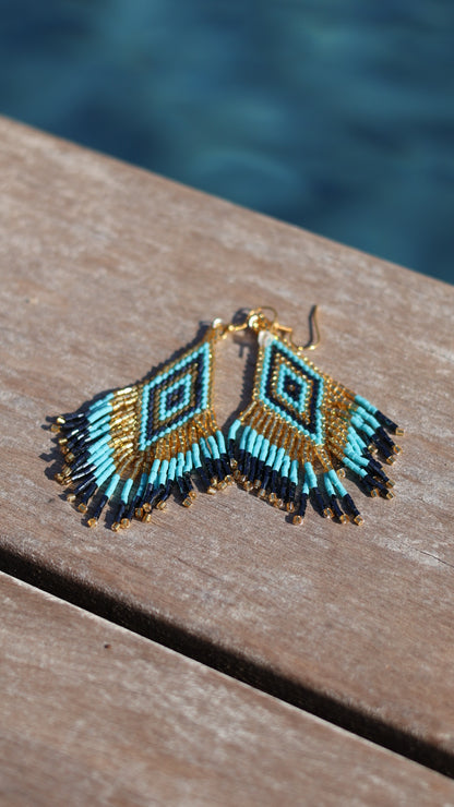 Boucles d'oreilles indiennes ANAYA turquoise, gris anthracite et dorées