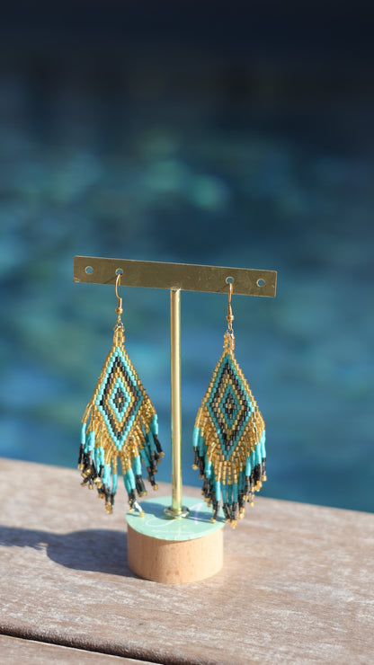 Boucles d'oreilles indiennes ANAYA turquoise, gris anthracite et dorées